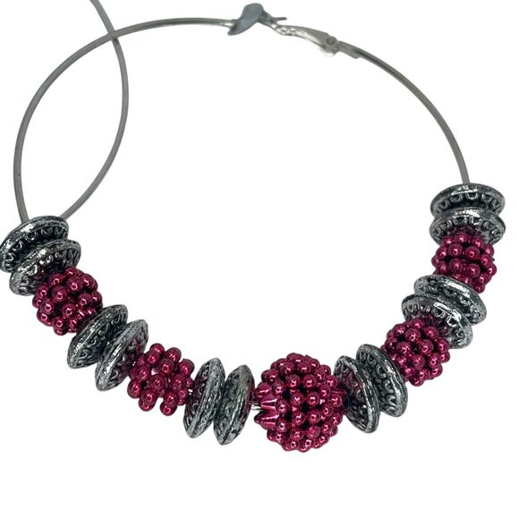 Silver Tone Bead Hoop Earrings Disc Style Boho Fashion Trendy Statement NWT - Picture 3 of 9